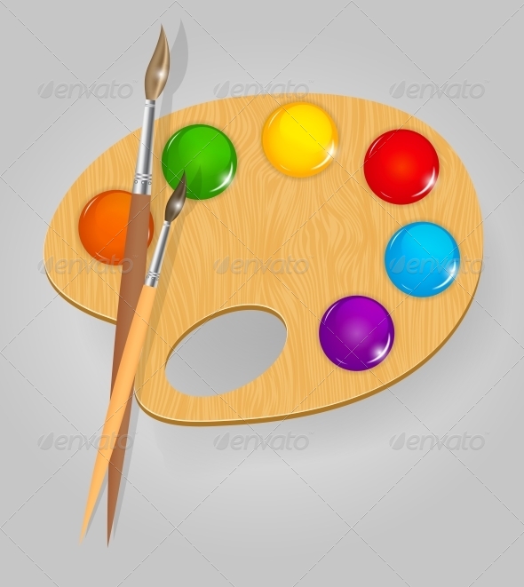 Wooden Art Palette with Paints and Brushes Wooden Art Palette with Paints and Brushes