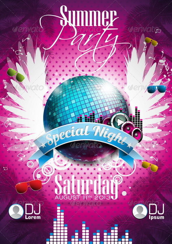 Vector Summer Beach Party Flyer Design with Disco Vector Summer Beach Party Flyer Design with Disco