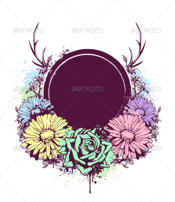 Grunge Circle Banner with Flowers Grunge Circle Banner with Flowers