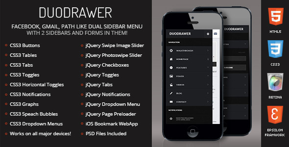 DuoDrawer Mobile Retina | HTML5 & CSS3 and iWebApp