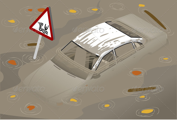 Isometric White Car Flooden in Front View Isometric White Car Flooden in Front View