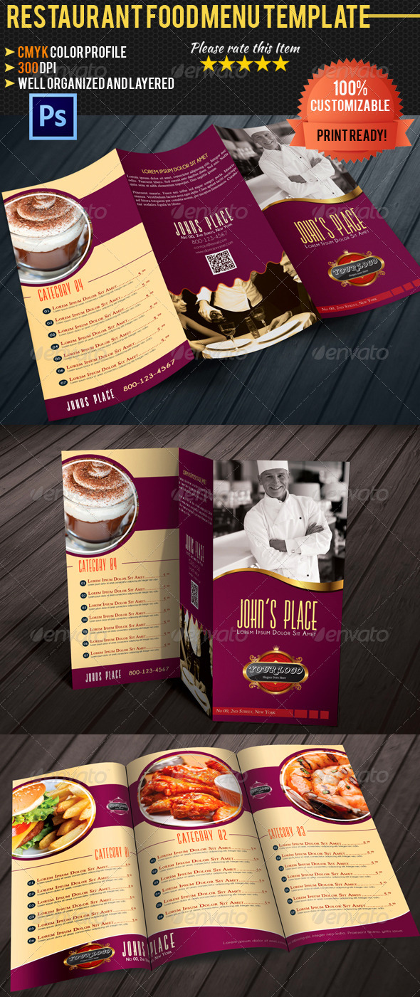 Tri-fold Restaurant Food Menu Template 03 - Food Menus Print Templates