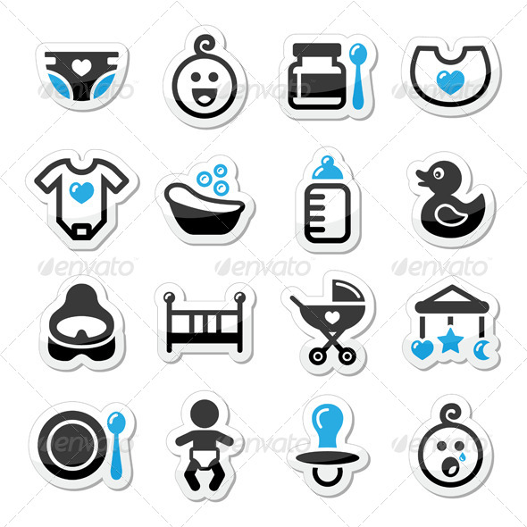 Baby Childhood Vector Icons Set Isolated on White Baby Childhood Vector Icons Set Isolated on White
