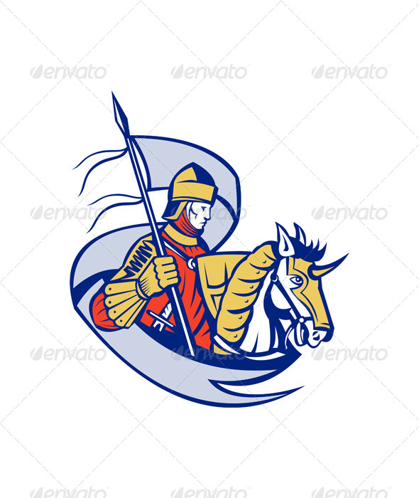 Knight with Flag Shield Horse Retro