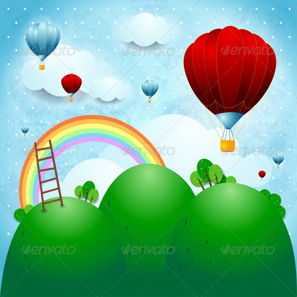 Fantasy Landscape with Hot Air Balloons Fantasy Landscape with Hot Air Balloons