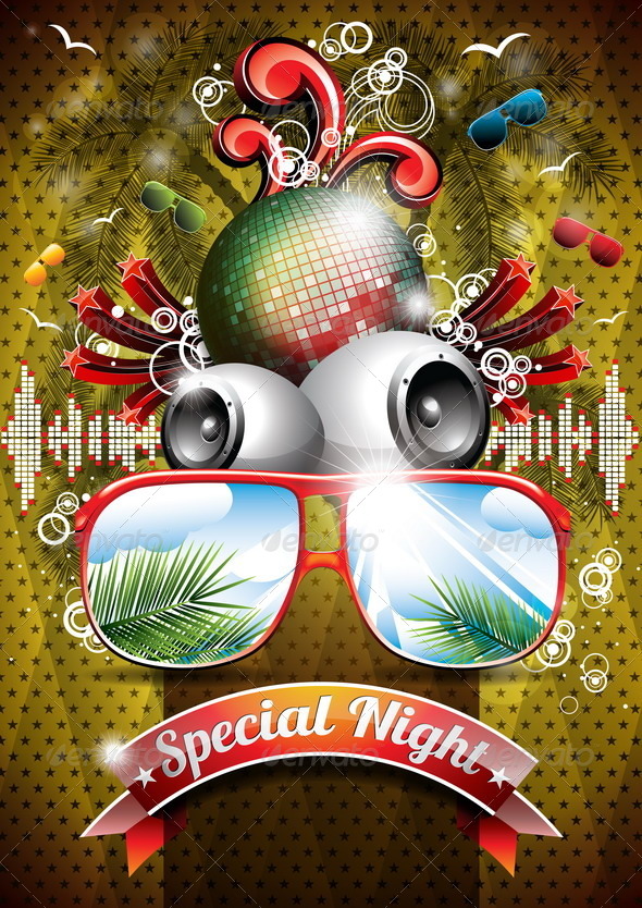 Summer Beach Party Flyer Design with Disco Ball Summer Beach Party Flyer Design with Disco Ball