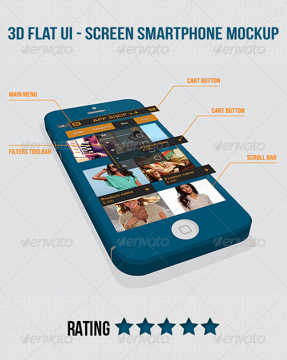 3D Flat UI Screen Smartphone Mockup 3D Flat UI Screen Smartphone Mockup