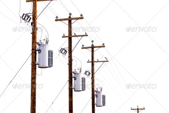 Row of power pole transformers isolated on white
