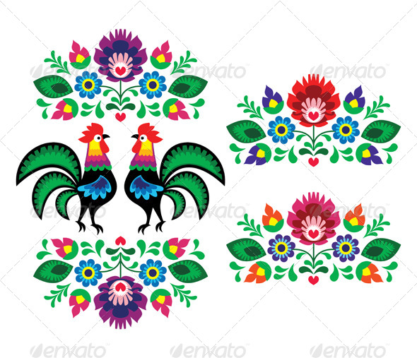 Polish Ethnic Floral Embroidery with Roosters Polish Ethnic Floral Embroidery with Roosters