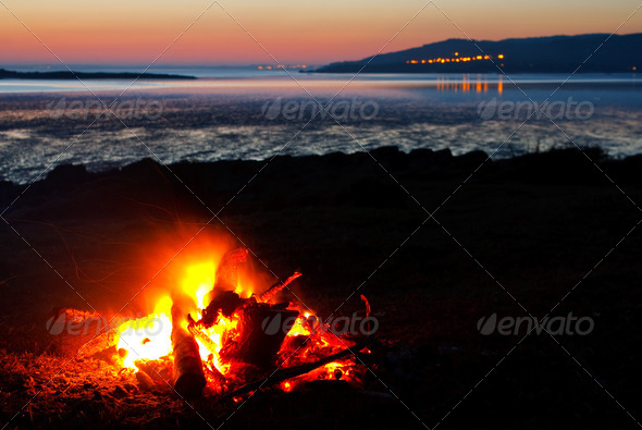 roaring bonfire at the beach