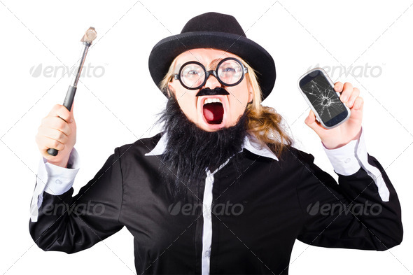 Angry woman breaking mobie phone