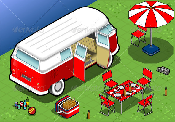 Isometric Bicolor Van in Camping in Rear View Isometric Bicolor Van in Camping in Rear View