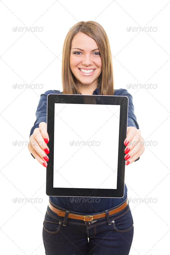 Attractive young woman showing blank tablet screen - Stock Photo - Images