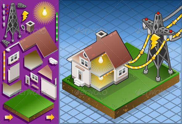 Isometric House Powered by Electrical Tower Isometric House Powered by Electrical Tower