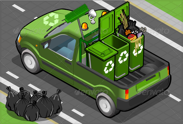 Isometric Garbage Pick Up in Rear View Isometric Garbage Pick Up in Rear View