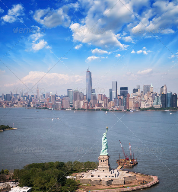 Statue of Liberty and Manhattan skyline. Spectacular helicopter