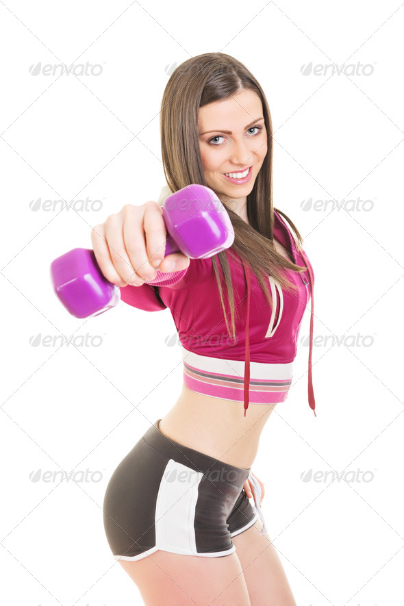 Attractive young fitness woman with purple dumbbell - Stock Photo - Images