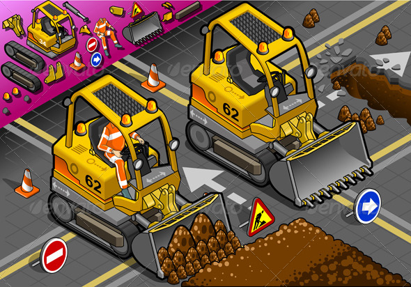 Isometric Mini Excavator in Front View Isometric Mini Excavator in Front View