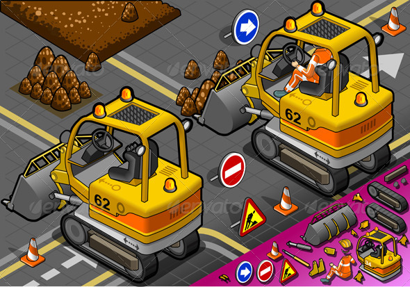 Isometric Mini Excavator in Rear View Isometric Mini Excavator in Rear View