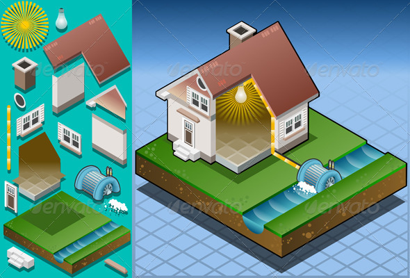 Isometric House Powered by Hydropower Watermill Isometric House Powered by Hydropower Watermill