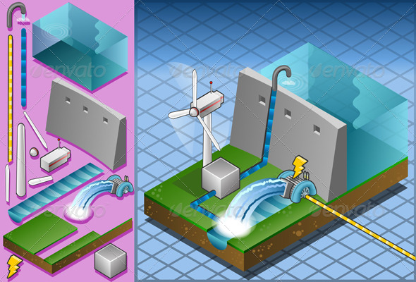Isometric Hydropower Watermill and Wind Turbine Isometric Hydropower Watermill and Wind Turbine