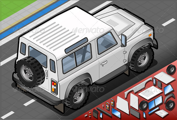 Isometric White Cross Country Vehicle Rear View Isometric White Cross Country Vehicle Rear View