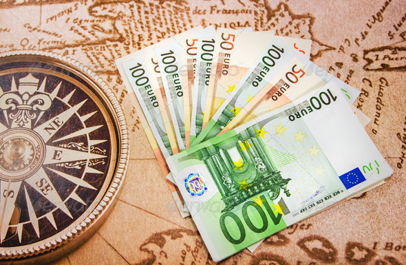 Euro bills on a big map