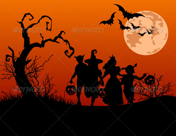 Halloween background with silhouettes of trick or Halloween background with silhouettes of trick or