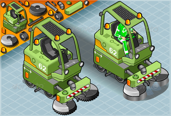 Isometric Mini Cleaner Machine with Man at Work Isometric Mini Cleaner Machine with Man at Work