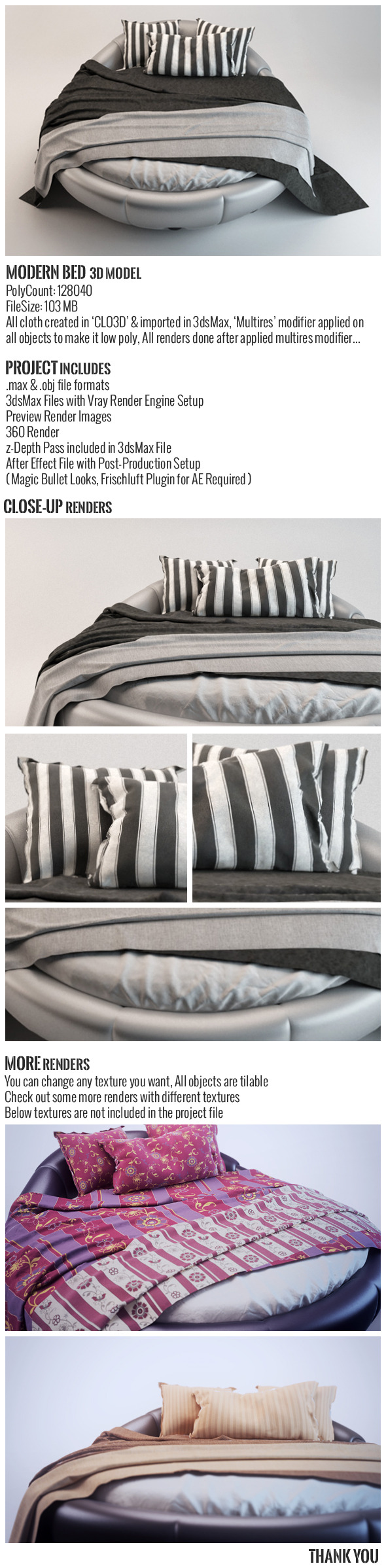 Modern Bed 3D Model - 3DOcean Item for Sale