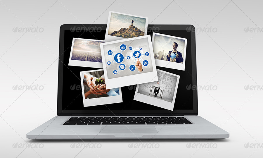 Laptop with Polaroids Mockup by themedia | GraphicRiver