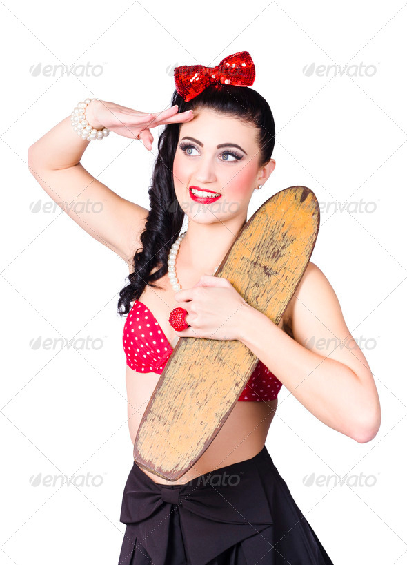 Beautiful young 80s skater girl isolated on white - Stock Photo - Images