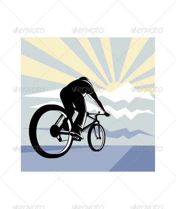 Cyclist Riding Bicycle with Mountain