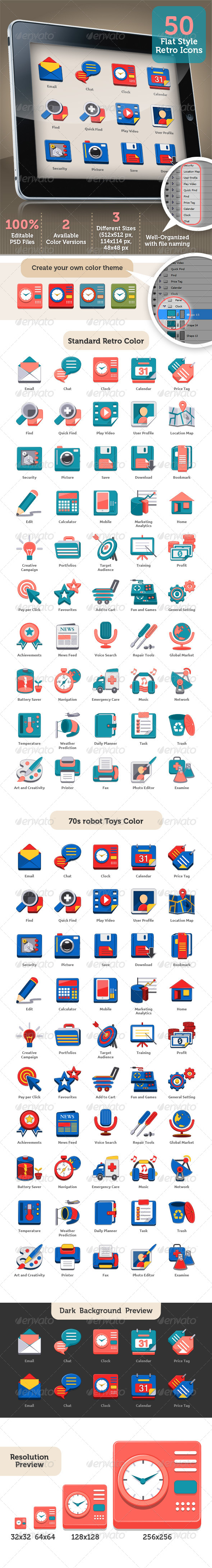 Fun And Flat Retro Style Icon Set For Any Purpose - Icons