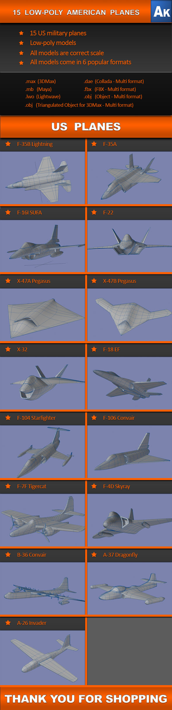 15 Low Poly US planes - 3DOcean Item for Sale