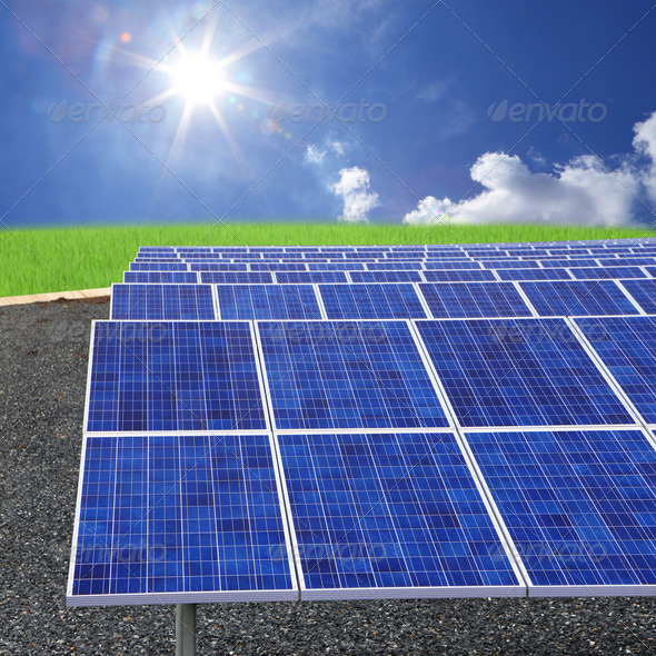 solar farm eco photovoltaic power station on stone yard