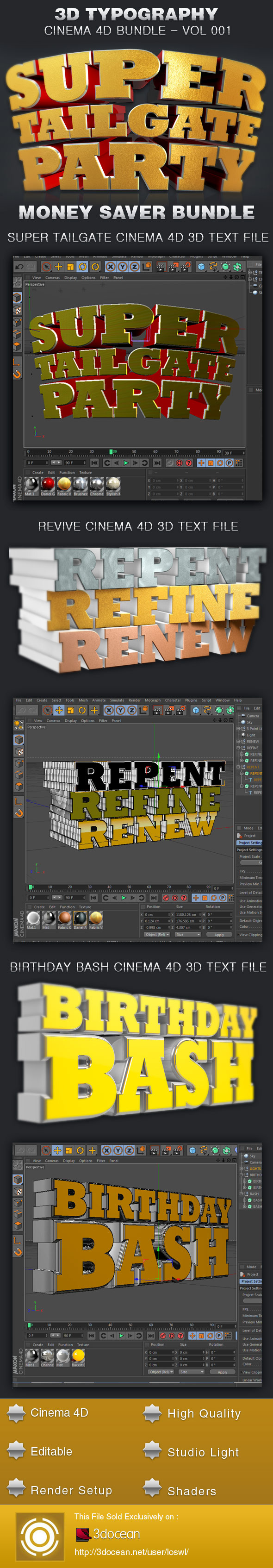 3D Typography Cinema 4D Bundle-Vol 001 - 3DOcean Item for Sale