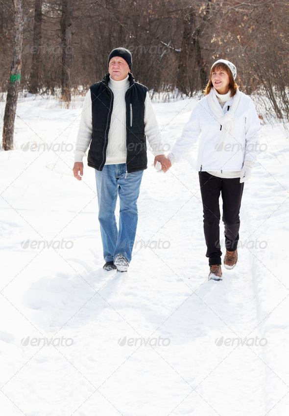 Happy seniors couple walking in winter park