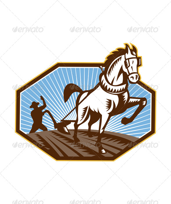 Farmer and Horse Plowing Farm Retro Farmer and Horse Plowing Farm Retro