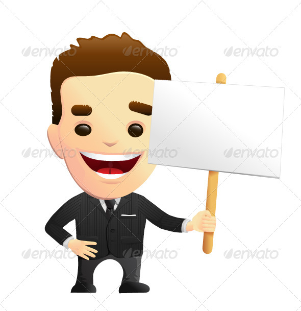 Smiling Businessman Character in a Black Suit Hold Smiling Businessman Character in a Black Suit Hold