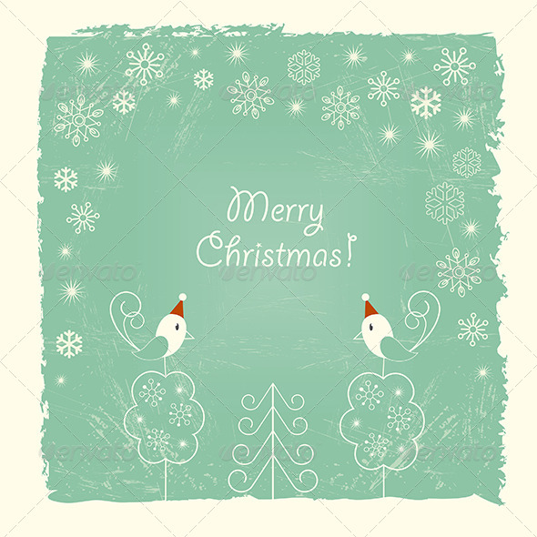 Retro Christmas Card with Snowflakes and Birds
