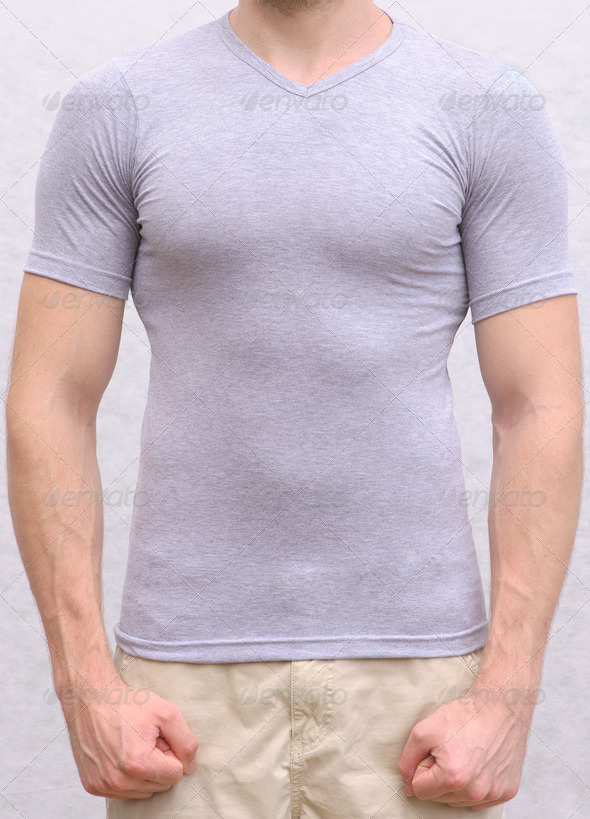 T-shirt cotton on a Young Man Template Athletic body sportsman torso front view