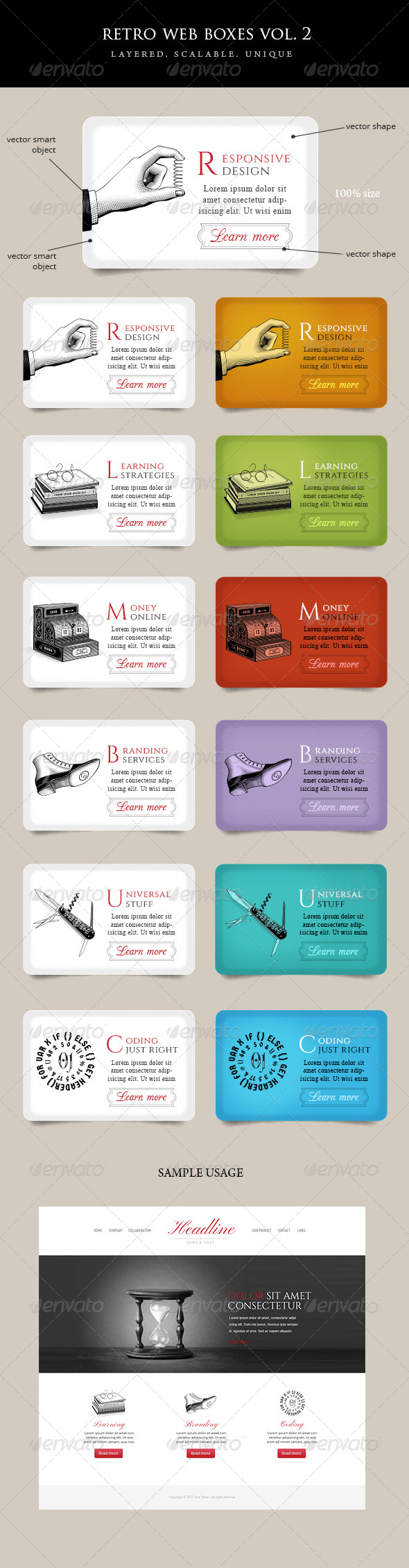 Vintage Web Boxes with Icons Vol 2 - Banners & Ads Web Elements
