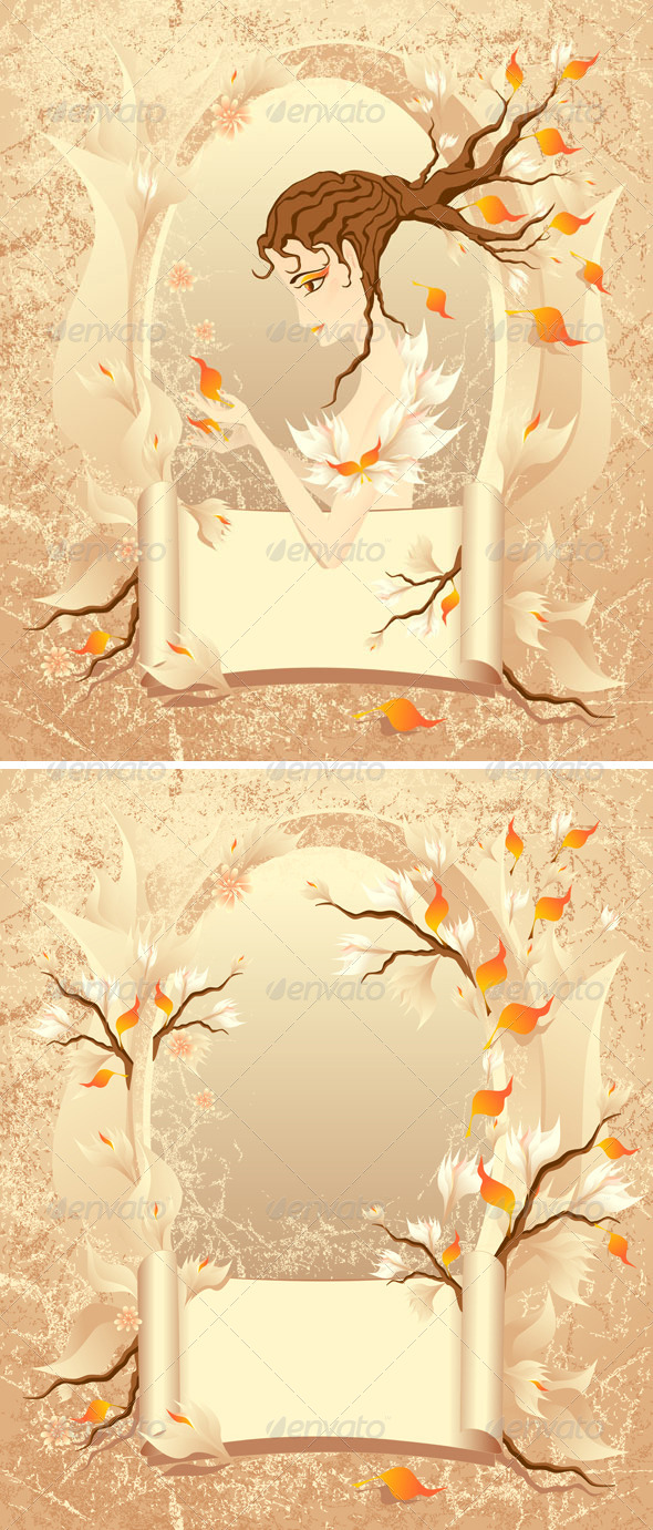 Autumn Frame with a Scroll Girl on Grunge Autumn Frame with a Scroll Girl on Grunge