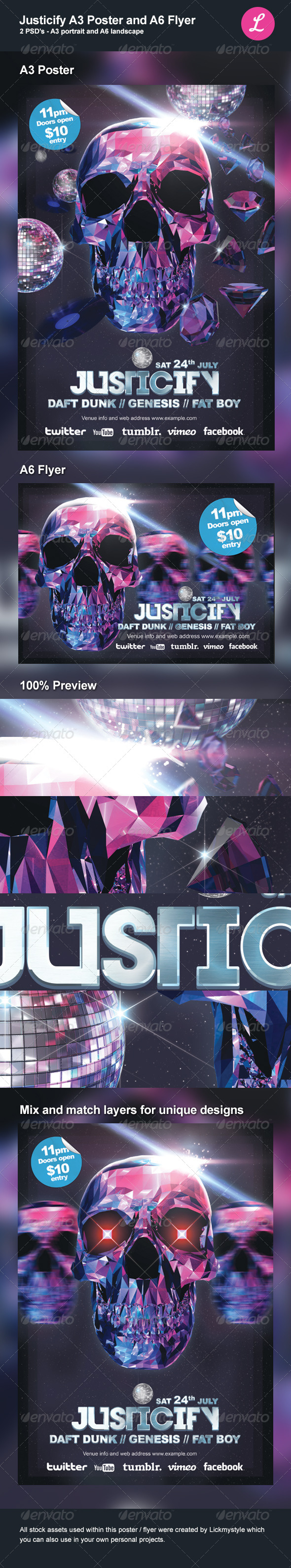Justicify A3 Poster and A6 Flyer - Clubs & Parties Events