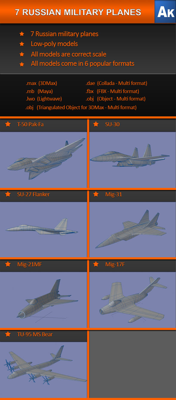 7 Russian Military Planes - 3DOcean Item for Sale