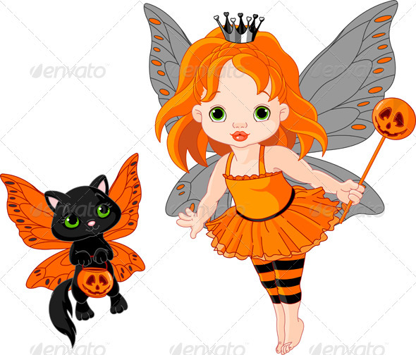 Cute Halloween baby fairy and cat Cute Halloween baby fairy and cat