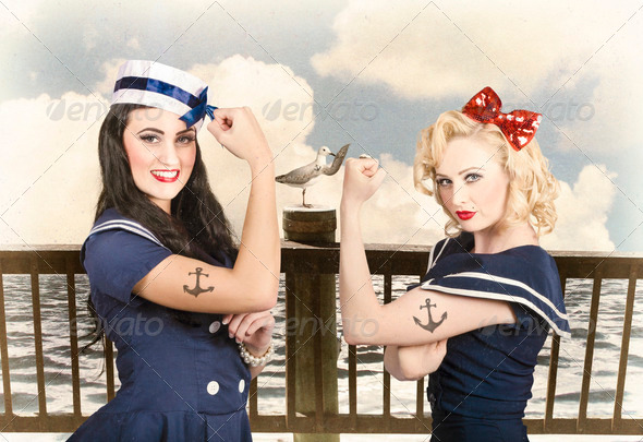 Vintage pinup style. Two retro sailor pinup girls