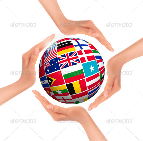 Flags of the World in Globe and Hands Flags of the World in Globe and Hands