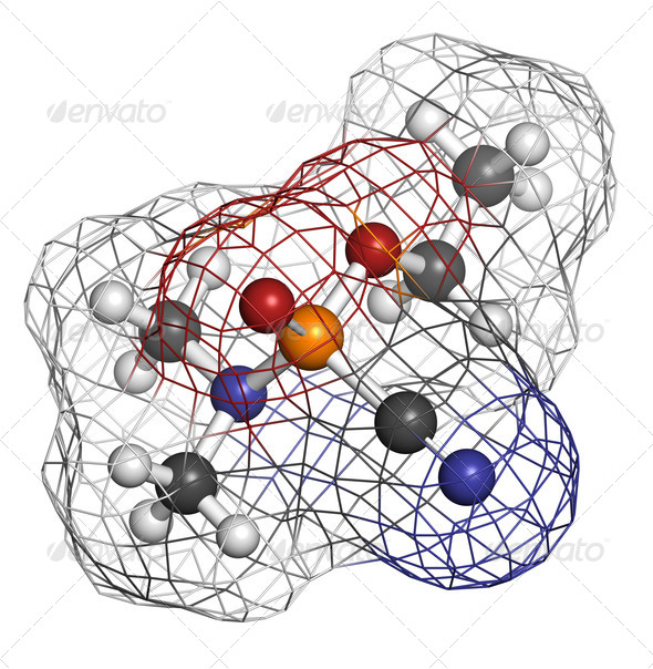 Tabun nerve agent, molecular model. Tabun is a chemical weapon,